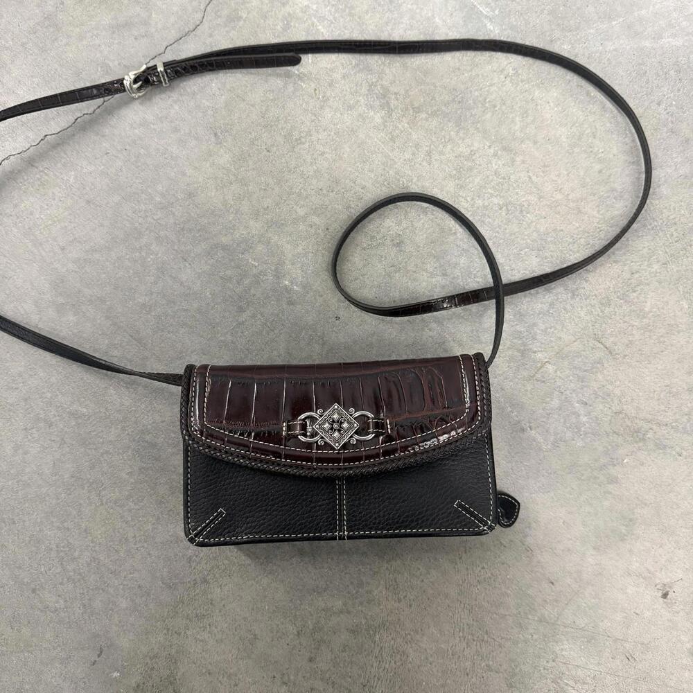 Brighton Vintage Croc Embossed Leather Shoulder Bag Brown/Black Crossbody Purse